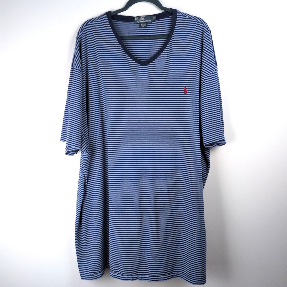 Polo Ralph Lauren Mens 3XB T-Shirt Blue Striped V-Neck 100% Cotton Big & Tall